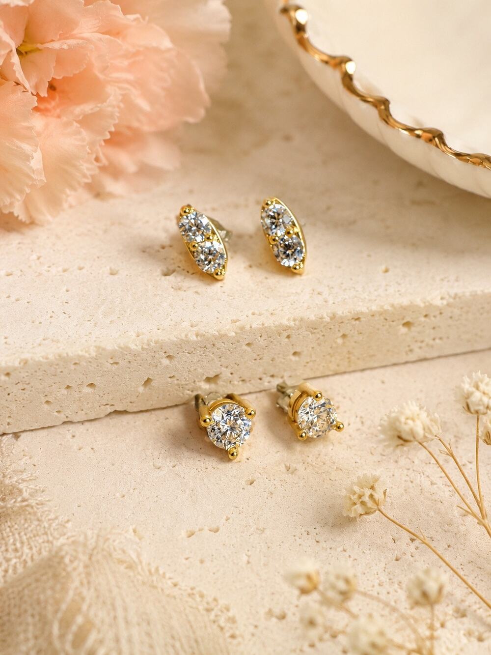 Stud Earrings Cubic Zirconium Gold Tone Fashion Jewelry Set of 2 Pairs SU CZ